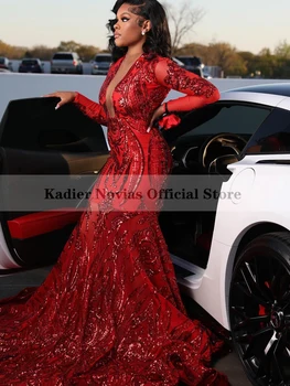 KADIER NOVIAS Moterys ilgomis Rankovėmis Raudona Backless Undinė Prom Dresses 2022 su Traukiniu China Nėrinių Vakare Gown Vestido De Fiesta