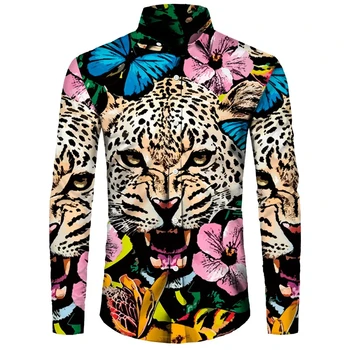 Stilingi vyriški Marškiniai Leopard 3D Spausdinimo Turn-žemyn Apykaklės Mygtuką ilgomis Rankovėmis Viršūnes Derliaus Vyrams, Moterims Drabužių Streetwear Tees Marškinėliai
