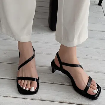Vasaros Mados Aikštė Paslysti ant Peep Toe Romos Sandalai Moterims Mažai Kulniukai Siauros Juostos Elegantiškas Ponios Batai Zapatos Mujer