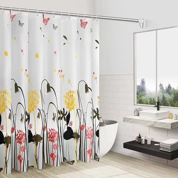 Kiaulpienės, butterfly dušo užuolaidos, vonios kambarys, su kabliu, apdailos vonios kambarys, gražus laukinių gėlių, geltona, 180x180cm