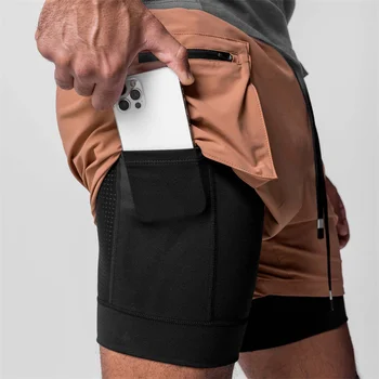 Naujas mados sveikatingumo projekto anti-slip double-layer 2 in 1 vyriški šortai multi-kišenės, užtrauktukas veikia naudotis kelnės
