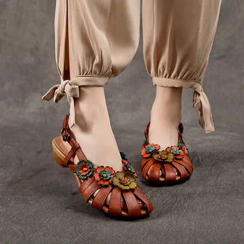 3,5 cm Peep Toe natūralios Odos Sandalai Moterims Autentiški Sagtis Dizaineris Appliques Gėlių Mados Vasaros Butai Etninės Ponios Batai