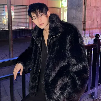 Korėjos Mados Dirbtiniais Fox Fur Coat Naujų Rudenį ir Žiemą Gatvės Tendencija Šilta Striukė Vyras Streetwear Hip-Hop Juoda Faux Kailių Paltai