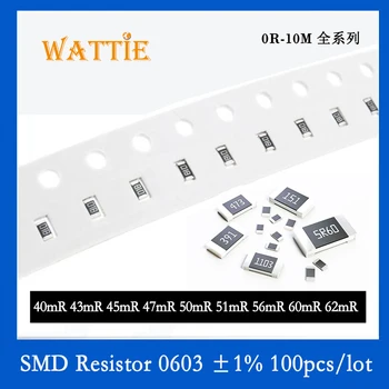 SMD Rezistorius 0603 1% 0.047 R 0.050 R 0.051 R 0.056 R 0.060 R 0.062 R 100VNT/daug chip resistors 1/10W Itin mažo pasipriešinimo vertė