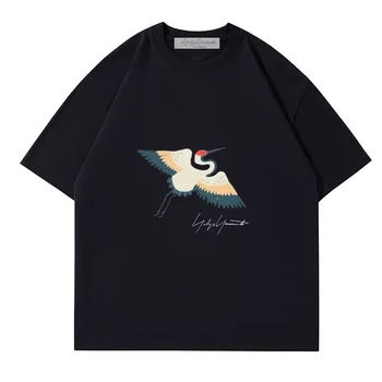 Yohji Yamamoto vyriški Medvilniniai Marškinėliai Japonijos Vasaros Krano Fuji Kalnų Spausdinti Viršūnes Atsitiktinis Apvalios Kaklo Trumpas Rankovėmis Tees Moterims