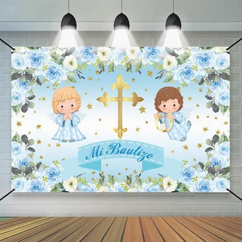 Mėlynos Gėlės Baby Shower Reklama Fotografijos Fonas Berniukas ar Mergaitė Fone Apdailos Krikšto Studija Nuotrauka Fone Užsakymą