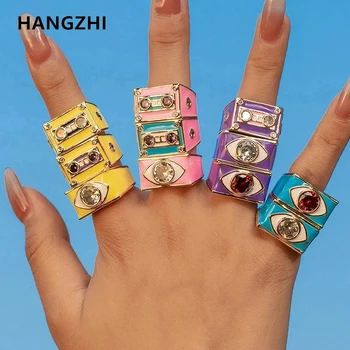 HangZhi 2021 Naujus Žiedus Magnetinių Juostų Įstiklintas Spalvinga Turas Cirkonis Velnio Akis Geometrinis Aikštėje Žiedai Moterų, Mergaičių Papuošalai