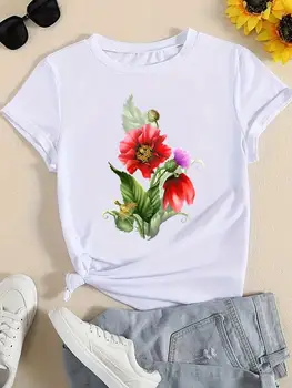 Trumpomis Rankovėmis Atspausdintas Marškinėliai Drabužių Moterų Mados Tee Mielas Augalų, Gėlių Tendencija Mielos Moterys, Viršuje Drabužius Grafinis T-shirts