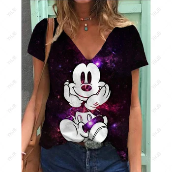 Mados Moteris, Palaidinės, marškinėliai Moterų Disney Minnie, Mickey Mouse Spausdinti V-kaklo Marškinėliai Moteriška Drabužių, Negabaritinių Vasaros Viršūnes