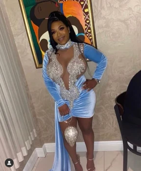 Sky Blue Velvet Diamond Trumpas Prom Dresses Juoda Merginos Gimtadienio Suknelės, Puošnios Afrikos Mini Kokteilių Suknelės Homecoming