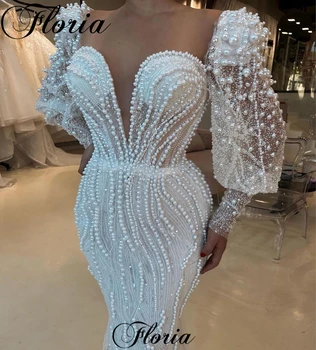 Grindų Ilgis Baltųjų Perlų Kokteilių Suknelės Undinė Elegantiškas Vakare Chalatai Visą Rankovėmis Sužadėtuvių Suknelės, Vestidos De Cóctel