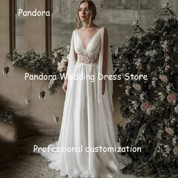 Pandora Šifono-line V-kaklo Appliques Pynimas Dramblio kaulo Gana Nuotakos Suknelės Elegantiškas Oficialią Vestuvių Suknelės Moteris Grindų ilgis