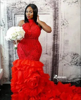 Raudona Undinėlės Nėrinių Afrikos Vestuvių Suknelės, Puošnios Organza Pakopas Katedra Traukinio Juoda Mergina Aso Ebi Nuotakos Suknelė photoshoot