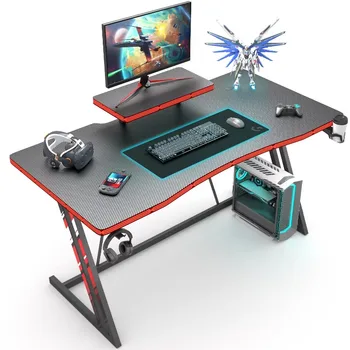 47 colių Žaidimų Stalas Kompiuterio Stalas su Monitoriaus Stovas ir Puodelio Laikiklis, Juodas
