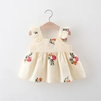 Baby Girl Dress Kūdikių Vasaros Gėlių Siuvinėjimas Rankovių Mielas Saldus Medvilnės Suknelė 0-3 Metų amžiaus Princesė Vasaros Vaikų Drabužiai