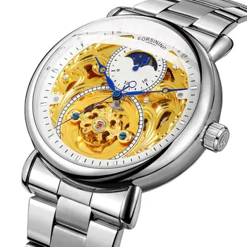 Prabangos Prekės Tourbillon Skeletas Automatinis Mechaninis laikrodis Vyrams, Mėnulio Fazė Mėlyna Rankas Nerūdijančio Plieno Juosta Laikrodį Dovanų