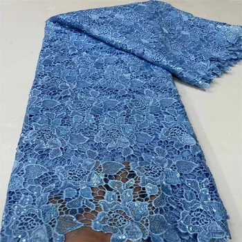 2024 Mėlyna Aukštos Kokybės Afrikos Guipure Laido Nėrinių Audinio Nigerijos Akmenys Tricolor Tirpsta Vandenyje Nėrinių Siuvimo Moterų Suknelės