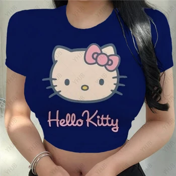 Hello Kitty spausdinti Moterų Atsitiktinis Kūdikis Tee Streetwear Estetinės trumpomis Rankovėmis T-Shirt Y2k Drabužius Gotikos Emo Mergina Croped Viršūnės