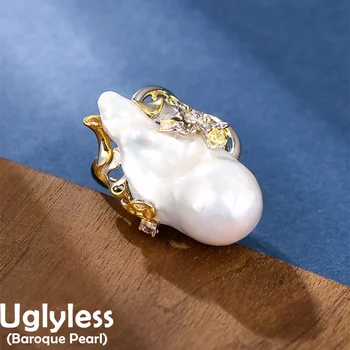 Uglyless Nuostabiu Didžiulis Baroko Perlų Žiedai Moterų Natūralių Organinių Brangakmenių Pločio Žiedai Nekilnojamojo 925 Sidabro Neįprastų Papuošalų Zircons