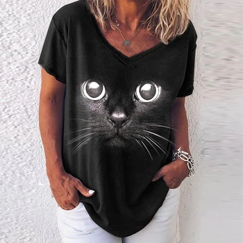 Mados moteriški marškinėliai 2023 T-shirt Moterų 3d katė spausdinti black Kawaii V-kaklo marškinėliai Moterims vasaros top marškinėliai
