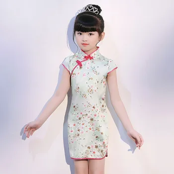 Gėlių atspausdintas Kūdikių Qipao Mergina vasaros Suknelės Vaikas Kinų Stiliaus chi-pao Mergaičių Gėlėti Lotus spausdinti cheongsam Mergina Dovana