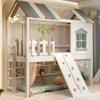 Visi-medžio masyvo vaikų lova, berniukas ir mergaitė pusė aukščio lova, mažas butas, lova, stalas, spinta, integruota lova, medis