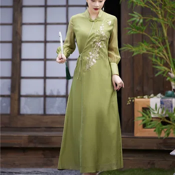 Aukštos klasės Pavasarį Ir Vasarą Kinų Stiliaus ilgomis Rankovėmis Hanfu Moterų Elegantiškas Retro Siuvinėjimo Slim Lady Suknelė Moterų S-XXL