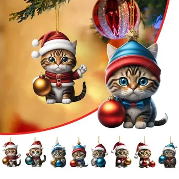 Butas Kalėdų Skrybėlę, Katę, Pakabukas Akrilo Animaciją Kačių Kalėdų Eglutės Ornamentu Amatų Automobilio Galinio Vaizdo Veidrodėlis Pakabukas Kalėdų