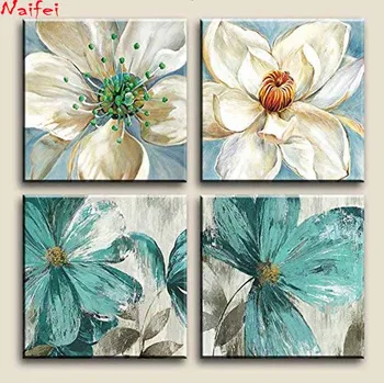 Diamond Tapybos 4pcs/set mėlynos ir baltos gėlės Kryželiu gėlių Paveikslų Rinkiniai Deimantų Meno Siuvinėjimas