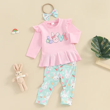 Baby Girl Velykų Drabužius Laiškas Spausdinti ilgomis Rankovėmis Susiėmę T-Shirt su Bunny Modelio Kelnes ir Lankelis Apranga